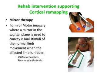 Rehab intervention supporting
Cortical remapping
• Mirror therapy
• form of Motor imagery
where a mirror in the
sagittal plane is used to
convey visual stimuli of
the normal limb
movement when the
affected limb is hidden
• VS Ramachandran-
Phantoms in the brain
 