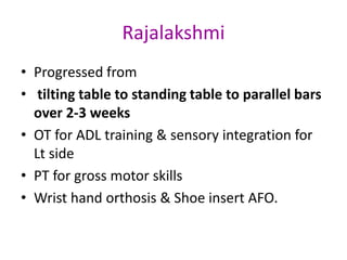 Rajalakshmi
• Progressed from
• tilting table to standing table to parallel bars
over 2-3 weeks
• OT for ADL training & sensory integration for
Lt side
• PT for gross motor skills
• Wrist hand orthosis & Shoe insert AFO.
 