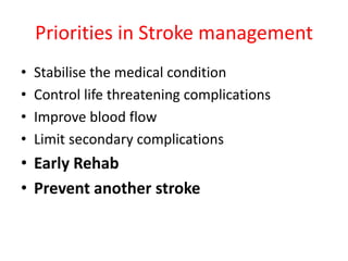 Priorities in Stroke management
• Stabilise the medical condition
• Control life threatening complications
• Improve blood flow
• Limit secondary complications
• Early Rehab
• Prevent another stroke
 