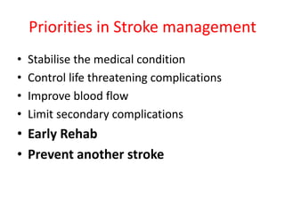 Priorities in Stroke management
• Stabilise the medical condition
• Control life threatening complications
• Improve blood...