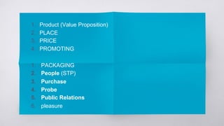 1. Product (Value Proposition)
2. PLACE
3. PRICE
4. PROMOTING
1. PACKAGING
2. People (STP)
3. Purchase
4. Probe
5. Public Relations
6. pleasure
 