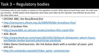 Task 3 – Regulatory bodies
• OFCOM- BBC: the Ross/Brand fine
• http://consumers.ofcom.org.uk/2009/04/bbc-brandross-fine/
• BBFC: A Serbian Film
• http://www.bbfc.co.uk/case-studies/serbian-film-srpski-film
• ASA: Bosch
• http://www.thedrum.com/news/2013/03/20/bosch-dishwasher-advert-havas-
worldwide-london-banned-advertising-standards
• Video Game Controversies- the link below deals with a number of cases- pick
one out. .
• http://en.wikipedia.org/wiki/Video_game_controversies
Find below links to case studies or reports on the regulators at work. Write about at least three cases. For each case
you mention - briefly explain what happened, what steps were taken by the regulator, how effective do you think
the steps taken were.
 