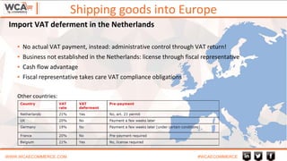 Shipping goods into Europe
WWW.WCAECOMMERCE.COM #WCAECOMMERCE
▪ No actual VAT payment, instead: administrative control through VAT return!
▪ Business not established in the Netherlands: license through fiscal representative
▪ Cash flow advantage
▪ Fiscal representative takes care VAT compliance obligations
Other countries:
Import VAT deferment in the Netherlands
 