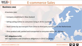 E-commerce Sales
WWW.WCAECOMMERCE.COM #WCAECOMMERCE
A business case:
▪ Company established in New Zealand
▪ Selling sailing clothes to consumers living in 20 EU countries
▪ Stock comes by sea transport from China to third party warehouse in the Netherlands
▪ Once product sold, packed and transported to consumer within 24 - 48 hours
VAT obligations in EU:
VAT registrations and compliance obligations in 20 EU countries
Business case
 