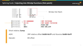 © 2018 SolarWinds MSP Canada ULC and UK Ltd. All rights reserved. 21
Splicing hook / Injecting into WinApi functions (Hot patch)
WinApi Hot Patch
Short relative Jump
ASM: JMP relative offset 0x00-0x7F and Reverse 0x80-0xFF
Opcode: EB offset
 