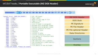 © 2018 SolarWinds MSP Canada ULC and UK Ltd. All rights reserved. 30
IAT/EAT hooks / Portable Executable (MZ DOS Header)
MZ DOS Header
DOS Stub
PE Signature
PE File Header
PE File optional Header
Sections
Overlay
Data Directories
 