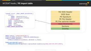 © 2018 SolarWinds MSP Canada ULC and UK Ltd. All rights reserved. 33
IAT/EAT hooks / PE Import table
MZ DOS Header
DOS Stub
PE Signature
PE File Header
PE File optional Header
Sections
Overlay
Data Directories
 