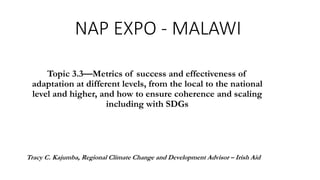 NAP EXPO - MALAWI
Topic 3.3—Metrics of success and effectiveness of
adaptation at different levels, from the local to the national
level and higher, and how to ensure coherence and scaling
including with SDGs
Tracy C. Kajumba, Regional Climate Change and Development Advisor – Irish Aid
 