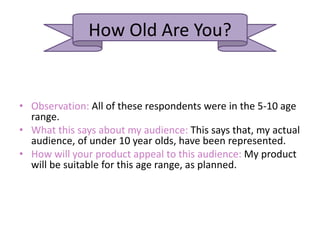 How Old Are You?
• Observation: All of these respondents were in the 5-10 age
range.
• What this says about my audience: This says that, my actual
audience, of under 10 year olds, have been represented.
• How will your product appeal to this audience: My product
will be suitable for this age range, as planned.
 