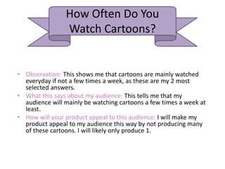How Often Do You
Watch Cartoons?
• Observation: This shows me that cartoons are mainly watched
everyday if not a few times a week, as these are my 2 most
selected answers.
• What this says about my audience: This tells me that my
audience will mainly be watching cartoons a few times a week at
least.
• How will your product appeal to this audience: I will make my
product appeal to my audience this way by not producing many
of these cartoons. I will likely only produce 1.
 