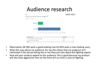 Audience research
• Observation:18.18% want a good looking man 81.82% want a man looking scary.
• What this says about my audience: for me this shows that my audience isn't
interested in the person being hot or not they just care about the fighting aspect
• How will your product appeal to this audience: this is good because my product
will also have aggressive men on the front of it as mine is only on fighting.
 