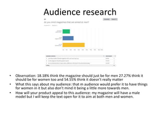 Audience research
• Observation: 18.18% think the magazine should just be for men 27.27% think it
should be for women too and 54.55% think it doesn’t really matter
• What this says about my audience: that m audience would prefer it to have things
for women in it but also don’t mind it being a little more towards men.
• How will your product appeal to this audience: my magazine will have a male
model but I will keep the text open for it to aim at both men and women.
 