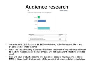 Audience research
• Observation:9.09% do MMA, 36.36% enjoy MMA, nobody does not like it and
54.55% are not that bothered
• What this says about my audience: this shows that most of my audience will want
to read my magazine only a small amount will not but it wont effect my work too
much
• How will your product appeal to this audience: because my magazine is about
MMA it fits perfectly that majority of the people that answered also enjoy MMA.
 
