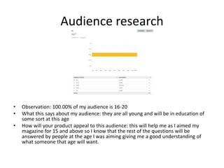 Audience research
• Observation: 100.00% of my audience is 16-20
• What this says about my audience: they are all young and will be in education of
some sort at this age
• How will your product appeal to this audience: this will help me as I aimed my
magazine for 15 and above so I know that the rest of the questions will be
answered by people at the age I was aiming giving me a good understanding of
what someone that age will want.
 