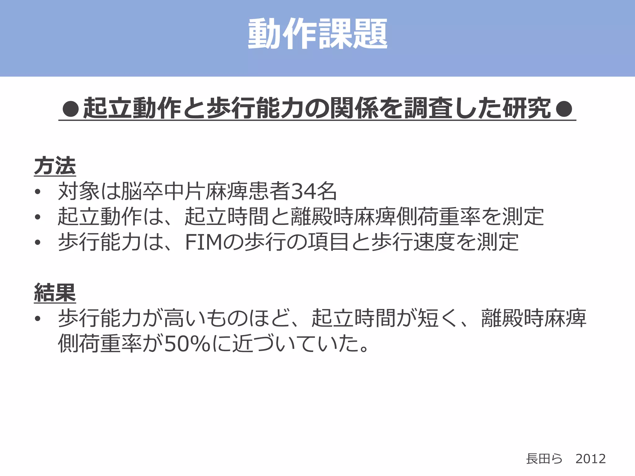 動作課題
●起立動作と歩行能力の関係を調査した研究●
方法
• 対象は脳卒中片麻痺患者34名
• 起立動作は、起立時間と離殿時麻痺側荷重率を測定
• 歩行能力は、FIMの歩行の項目と歩行速度を測定
結果
• 歩行能力が高いものほど、起立時間が短く、離殿時麻痺
側荷重率が50％に近づいていた。
長田ら 2012
 