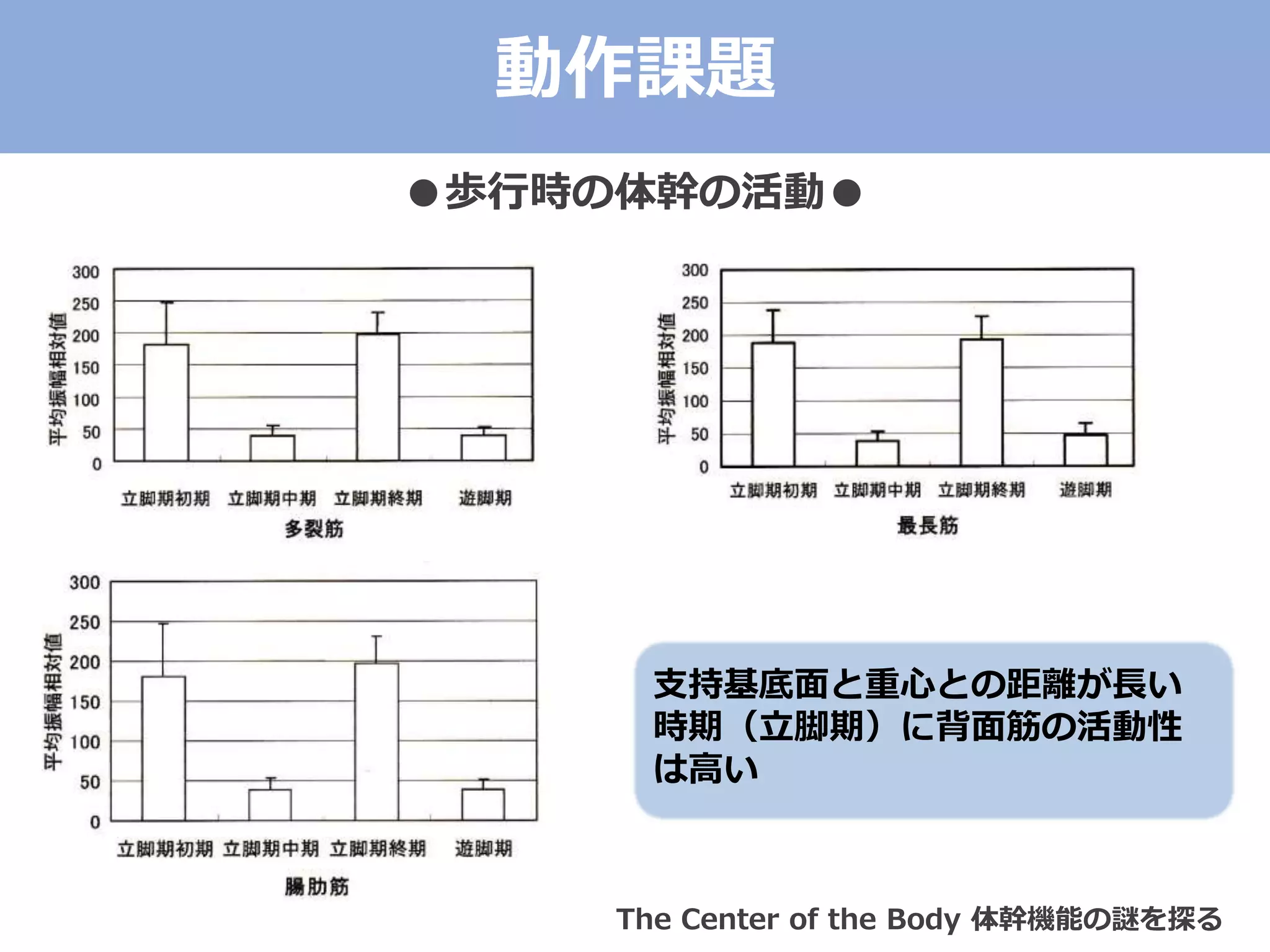 ●歩行時の体幹の活動●
The Center of the Body 体幹機能の謎を探る
支持基底面と重心との距離が長い
時期（立脚期）に背面筋の活動性
は高い
動作課題
 