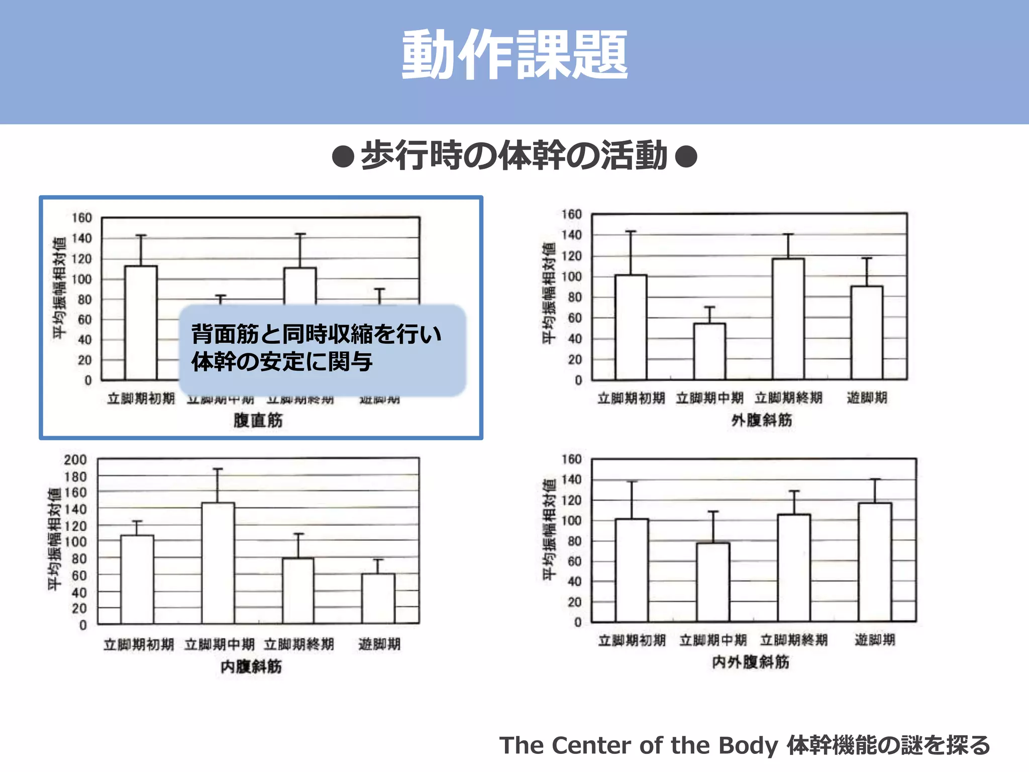 ●歩行時の体幹の活動●
背面筋と同時収縮を行い
体幹の安定に関与
The Center of the Body 体幹機能の謎を探る
動作課題
 