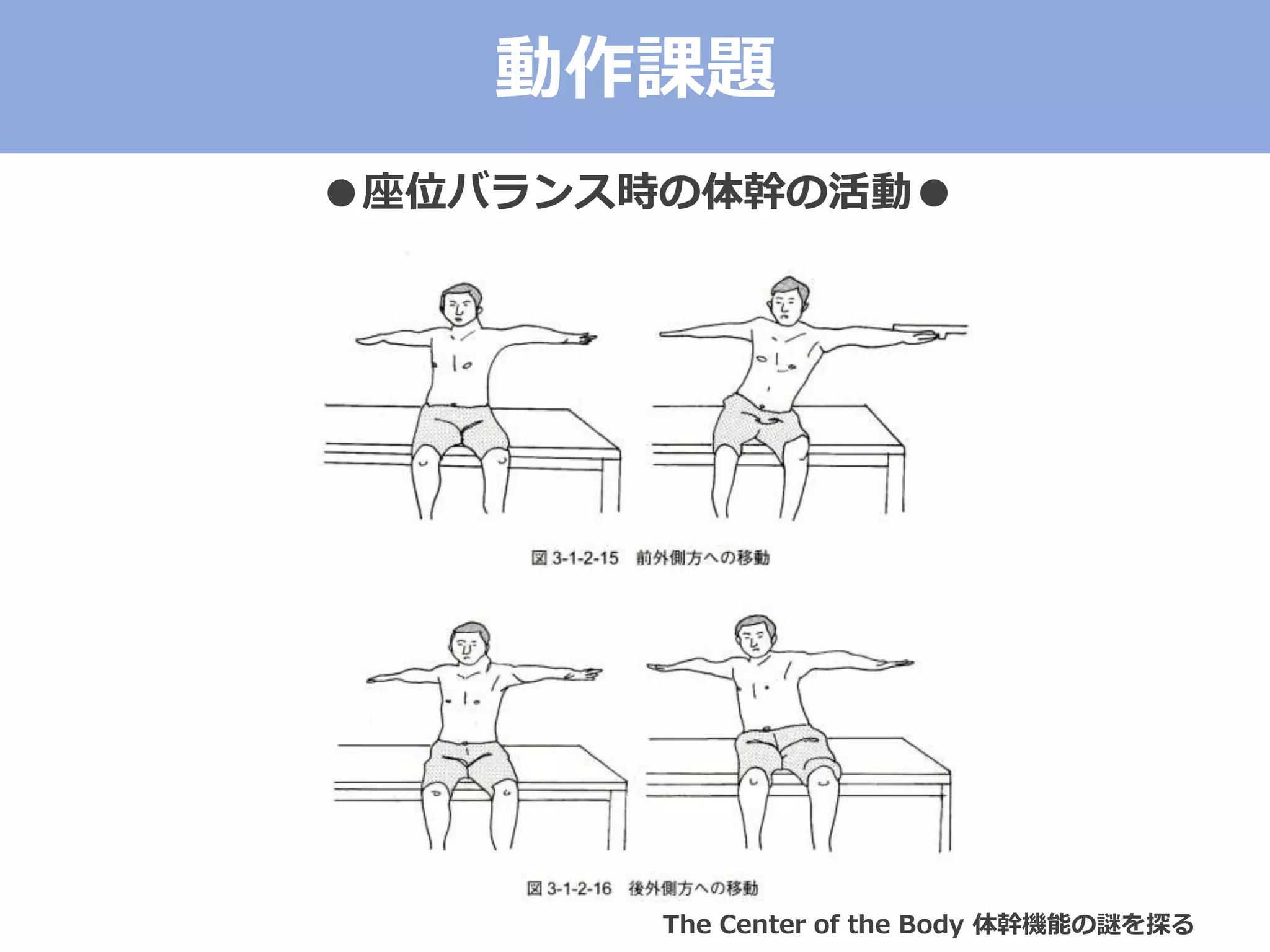 動作課題
●座位バランス時の体幹の活動●
The Center of the Body 体幹機能の謎を探る
 