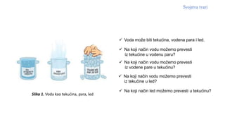 Slika 1. Voda kao tekućina, para, led
 Voda može biti tekućina, vodena para i led.
 Na koji način vodu možemo prevesti
iz tekućine u vodenu paru?
 Na koji način vodu možemo prevesti
iz tekućine u led?
 Na koji način vodu možemo prevesti
iz vodene pare u tekućinu?
 Na koji način led možemo prevesti u tekućinu?
 