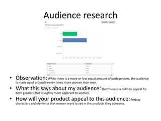 Audience research
• Observation:While there is a more-or-less equal amount of both genders, the audience
is made up of around twenty times more women than men.
• What this says about my audience:That there is a definite appeal for
both genders, but is slightly more apparent to women.
• How will your product appeal to this audience:Portray
characters and elements that women want to see in the products they consume.
 