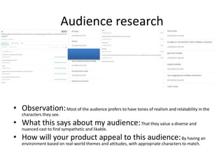 Audience research
• Observation:Most of the audience prefers to have tones of realism and relatability in the
characters they see.
• What this says about my audience:That they value a diverse and
nuanced cast to find sympathetic and likable.
• How will your product appeal to this audience:By having an
environment based on real-world themes and attitudes, with appropriate characters to match.
 
