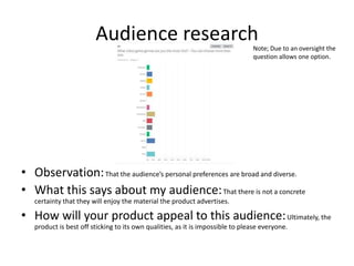 Audience research
• Observation:That the audience’s personal preferences are broad and diverse.
• What this says about my audience:That there is not a concrete
certainty that they will enjoy the material the product advertises.
• How will your product appeal to this audience:Ultimately, the
product is best off sticking to its own qualities, as it is impossible to please everyone.
Note; Due to an oversight the
question allows one option.
 