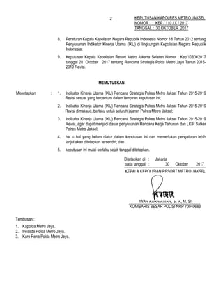 2
8. Peraturan Kepala Kepolisian Negara Republik Indonesia Nomor 18 Tahun 2012 tentang
Penyusunan Indikator Kinerja Utama (IKU) di lingkungan Kepolisian Negara Republik
Indonesia;
9. Keputusan Kepala Kepolisian Resort Metro Jakarta Selatan Nomor : Kep/108/X/2017
tanggal 28 Oktober 2017 tentang Rencana Strategis Polda Metro Jaya Tahun 2015-
2019 Revisi.
MEMUTUSKAN
Menetapkan : 1. Indikator Kinerja Utama (IKU) Rencana Strategis Polres Metro Jaksel Tahun 2015-2019
Revisi sesuai yang tercantum dalam lampiran keputusan ini;
2. Indikator Kinerja Utama (IKU) Rencana Strategis Polres Metro Jaksel Tahun 2015-2019
Revisi dimaksud, berlaku untuk seluruh jajaran Polres Metro Jaksel;
3. Indikator Kinerja Utama (IKU) Rencana Strategis Polres Metro Jaksel Tahun 2015-2019
Revisi, agar dapat menjadi dasar penyusunan Rencana Kerja Tahunan dan LKIP Satker
Polres Metro Jaksel;
4. hal – hal yang belum diatur dalam keputusan ini dan memerlukan pengaturan lebih
lanjut akan ditetapkan tersendiri; dan
5. keputusan ini mulai berlaku sejak tanggal ditetapkan.
Ditetapkan di : Jakarta
pada tanggal : 30 Oktober 2017
KEPALA KEPOLISIAN RESORT METRO JAKSEL
IWAN KURNIAWAN, S. IK, M. SI
KOMISARIS BESAR POLISI NRP 70040683
Paraf :
1. Kabag Ren :
2. Kasium :
3. Wakapolres :Tembusan :
1. Kapolda Metro Jaya.
2. Irwasda Polda Metro Jaya.
3. Karo Rena Polda Metro Jaya.
KEPUTUSAN KAPOLRES METRO JAKSEL
NOMOR : KEP / 110 / X / 2017
TANGGAL : 30 OKTOBER 2017
 