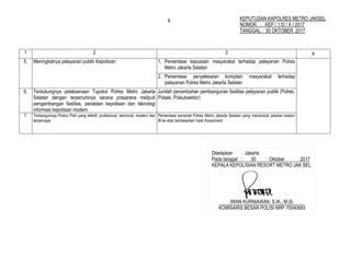 Ditetapkan : Jakarta
Pada tanggal : 30 Oktober 2017
KEPALA KEPOLISIAN RESORT METRO JAK SEL
IWAN KURNIAWAN, S.IK., M.SI.
KOMISARIS BESAR POLISI NRP 70040683
6
1 2 3 4
5. Meningkatnya pelayanan publik Kepolisian 1. Persentase kepuasan masyarakat terhadap pelayanan Polres
Metro Jakarta Selatan
2. Persentase penyelesaian komplain masyarakat terhadap
pelayanan Polres Metro Jakarta Selatan
6. Terdukungnya pelaksanaan Tupoksi Polres Metro Jakarta
Selatan dengan terpenuhinya sarana prasarana meliputi
pengembangan fasilitas, peralatan kepolisian dan teknologi
informasi kepolisian modern
Jumlah penambahan pembangunan fasilitas pelayanan publik (Polres,
Polsek, Polsubsektor)
7. Terbangunnya Postur Polri yang efektif, profesional, bermoral, modern dan
terpercaya
Persentase personel Polres Metro Jakarta Selatan yang menduduki jabatan eselon
III ke atas berdasarkan hasil Assesment
KEPUTUSAN KAPOLRES METRO JAKSEL
NOMOR : KEP / 110 / X / 2017
TANGGAL : 30 OKTOBER 2017
 
