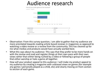 Audience research
• Observation: From this survey question, I am able to gather that my audience are
more orientated towards reading article based reviews in magazines as opposed to
watching a video review or a review from the community. This has cleared up for
me what medias and products would have actually worked best.
• What this says about my audience: This says that they prefer to be more hands on
with the review and read and register things at their own pace with their own
views rather than either being rushed by a video or following a group of people
that either worship or hate a game all together.
• How will your product appeal to this audience: I will make my product appeal to
my audience by creating a magazine with unbiased views on games (for example
any games I personally played as a child, etc) and clearly moving on from section
to section of each game.
 