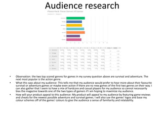 Audience research
• Observation: the two top scored genres for games in my survey question above are survival and adventure. The
next most popular is the action genre.
• What this says about my audience: This tells me that my audience would prefer to hear more about their favourite
survival or adventure games or maybe even action if there are no new games of the first two genres on their way. I
can also gather that I seem to have a mix of hardcore and casual players for my audience so cannot necessarily
bias the magazine towards one of the two types of gamers if I am hoping to maximize my audience.
• How will your product appeal to this audience: My product will appeal to my audience by featuring game reviews
and cheats for the newest possible adventure and survival games. I will also use the games' logos and base my
colour schemes off of the games' colours to give the audience a sense of familiarity and relatability.
 