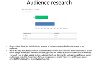 Audience research
• Observation: there is a slightly higher amount of males as opposed to female people in my
audience.
• What this says about my audience: this means that I will be able to create a more boisterous, action
based design. However it would be wise to appeal to the female audience in some way or form too.
• How will your product appeal to this audience: I will use dominantly male games as feature games
and include excitable, fun articles. To keep the gender neutrality however, I will include games
aimed at females such as casual types of games.
 