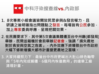 中科汙染搜查線vs.內政部
3. 大家持續努力下，最後台中市府更喊出大肚山綠色軸帶
與「5年內完成搬遷、6個月內恢復農用」的違章工廠
清理計畫。
1. 8次專案小組會議皆開放民眾參與&發言權力，且
研讀之後明確指出問題點之發言。每場皆有公民參加，
加上專家委員呼應，呈現把關效果。
2. 在民團要求下，其中第5次會議集體遷至台中州廳(都發局)
舉辦，民間並藉機於會前舉辦記者會，強調「損失農地
對於食安與空氣之危害」，內外效應下終導致台中市政府
大幅下修新增擴大都市計畫變更農地之面積。
 