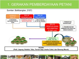 PETANI
(Padi, Jagung, Kedelai, Tebu, Ternak Sapi, Aneka Cabai, dan Bawang Merah)
5. SEKOLAH LAPANGAN DAN
KURSUS TANI BAGI KELOMPOKTANI
DI SENTRA PRODUKSI
BALAI
PELATIHAN
BALAI
PENYULUHAN
KECAMATAN
(5.595 unit)
BALAI
PENGKAJIAN
1. PENINGKATAN
KAPASITAS BPP
KT
KTKT
KT
KT
KT
KT
KTKT
KTKTKT
3. DISEMINASI TEKNOLOGI
DAN KAJI TERAP (REL)
4. PENUMBUHAN DAN
PEMBERDAYAAN PENYULUH
SWADAYA/SWASTA
15
2. DIKLAT TEMATIK/
ON THE JOB TRAINNING
STPP/PT/
SMK-PP
6. PENGABDIAN
MASYARAKAT DAN PKL
DI BPP
PENYULU
H
SWADAY
A/SWAST
A
PENYULUH
(PNS, THL-TB)
1. GERAKAN PEMBERDAYAAN PETANI
Sumber :Balitbangtan, 2107)
 