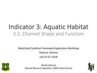 Indicator 3: Aquatic Habitat
3.3. Channel Shape and Function
Watershed Condition Framework Application Workshop
Polyana, Ukraine
July 23-27, 2018
Sheela Johnson
Natural Resource Specialist, USDA Forest Service
 