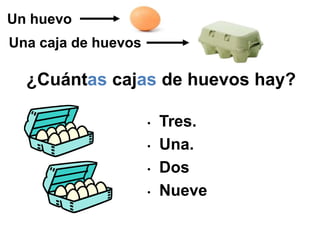 ¿Cuántas cajas de huevos hay?
• Tres.
• Una.
• Dos
• Nueve
Un huevo
Una caja de huevos
 