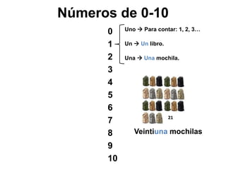 Uno  Para contar: 1, 2, 3…
Un  Un libro.
Una  Una mochila.
Veintiuna mochilas
21
Números de 0-10
0
1
2
3
4
5
6
7
8
9
10
 