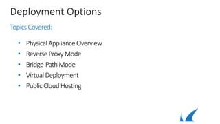 Deployment Options
Topics Covered:
• PhysicalAppliance Overview
• Reverse ProxyMode
• Bridge-PathMode
• VirtualDeployment
• Public Cloud Hosting
 
