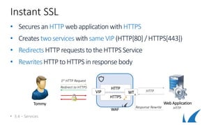 Instant SSL
• Securesan HTTP webapplicationwith HTTPS
• Creates twoservices withsame VIP (HTTP[80] / HTTPS[443])
• RedirectsHTTP requeststo theHTTPS Service
• RewritesHTTP to HTTPS in response body
• 3.4 – Services
WAF
HTTP
HTTPS
VIP
Web Application
HTTP
Redirect to HTTPS
1st HTTP Request
HTTPWT
Response Rewrite
Tommy
 