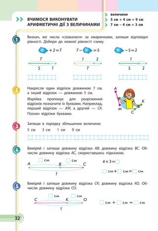 Вчимося виконувати
арифметичні дії з величинами
Визнач, які числа «сховалися» за хмаринками, запиши відповідні
рівності. Добери до кожної рівності схему.
 + 2 = 7         7 –   = 5           – 5 = 2
7
?5 7
2? ?
25
. . .
Накресли один відрізок довжиною 7 см,
а інший відрізок — довжиною 5 см.
Марійка пропонує для розрізнення
відрізків позначити їх буквами. Наприклад,
перший відрізок — АМ, а другий — СК.
Познач відрізки буквами.
Запиши в порядку збільшення величини:
5 см 3 см 1 см 9 см
. . . .
Виміряй і запиши довжину відрізка АВ; довжину відрізка ВС. Об­
числи довжину відрізка АС, скориставшись підказкою.
А В С
?
см см 	 4 + 3 =  	
	 см +  см =  см
Виміряй і запиши довжину відрізка СК; довжину відрізка КО. Об­
числи довжину відрізка СО.
см + см = см
С K O
см см
?
1
2 АА
M
C
K
3
4
5
	величини
	 5 см + 4 см = 9 см	
	 7 см – 4 см = 3 см
32
 