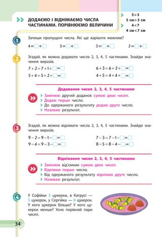 Додаємо і віднімаємо числа
частинами. Порівнюємо величини
Запиши пропущені числа. Які ще варіанти можливі?
4 =   +  	 5 =   +  	 3 =   +  	 2 =   + 
Згадай, як можна додавати числа 2, 3, 4, 5 частинами. Знай­ди зна­
чення виразів.
7 2 7 1+ = + +  =  	 6 3 6 2+ = + +  = 
5 4 5 2+ = + +  =  	 4 5 4 4+ = + +  = 
Додавання чисел 2, 3, 4, 5 частинами
Замінюю другий доданок сумою двох чисел.
Додаю перше число.
До одержаного результату додаю друге число.
Називаю результат.
Згадай, як можна віднімати числа 2, 3, 4, 5 частинами. Знай­ди зна­
чення виразів.
9 2 9 1− = − −  =  	 7 3 7 1− = − −  = 
9 4 9 3− = − −  =  	 8 5 8 4− = − −  = 
Віднімання чисел 2, 3, 4, 5 частинами
Замінюю від’ємник сумою двох чисел.
Віднімаю перше число.
Від одержаного результату віднімаю друге число.
Називаю результат.
У Софійки 3 цукерки, в Катрусі —
5 цукерок, у Сергійка — 6 цукерок.
У кого цукерок більше? У кого цу­
керок менше? Усно порівняй пари
чисел.
1
2
3
4
	 5  3
5 см  3 см
	 4  7
4 см  7 см
34
 
