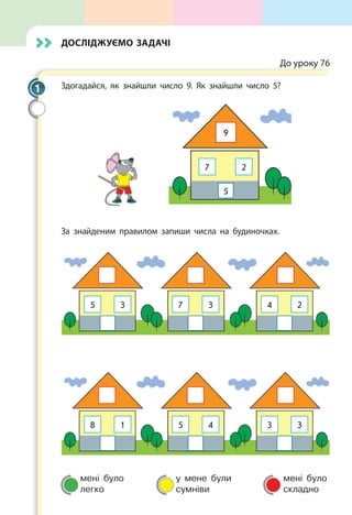мені було
легко
у мене були
сумніви
мені було
складно
Досліджуємо задачі
До уроку 76
Здогадайся, як знайшли число 9. Як знайшли число 5?
9
7 2
5
За знайденим правилом запиши числа на будиночках.
5 7 43 3 2
8 5 31 4 3
1
 