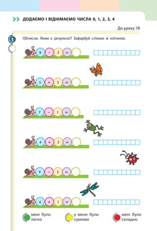 мені було
легко
у мене були
сумніви
мені було
складно
Додаємо і віднімаємо числа 0, 1, 2, 3, 4
До уроку 78
Обчисли. Яким є результат? Зафарбуй стільки ж клітинок.
8 – 2 =
5 + 3 =
7 – 1 =
4 + 2 =
9 – 3 =
6 + 1 =
1
 