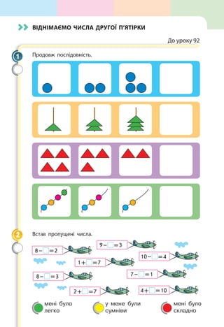 мені було
легко
у мене були
сумніви
мені було
складно
Віднімаємо числа другої п’ятірки
До уроку 92
Продовж послідовність.
Встав пропущені числа.
8 –   = 2
9 –   = 3
1 +   = 7
7 –   = 1
2 +   = 7 4 +   = 10
8 –   = 3
10 –   = 4
1
2
 