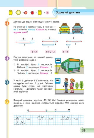 39
Зоровий диктант
Добери до задачі відповідні схему і вираз.
На стоянці 8 жовтих таксі, а чорних —
на 2 машини менше. Скільки на стоянці
чорних таксі?
8 + 2 8 + 2 – 2 8 – 2
8 2
?
8
2
?
8
2
?
Постав запитання до кожної умови,
усно розв’яжи задачі.
1) В автобусі було 9 пасажирів.
Вийшли 2 пасажири. Скільки… ?
2) В автобусі було 7 пасажирів.
Зайшли 2 пасажири. Скільки… ?
У класі 5 дівчаток і 5 хлопчиків. На
екскурсію поїхали 6 дітей. Скільки
могло бути серед них хлопчиків
і скільки — дівчаток? Назви всі мож­
ливі варіанти.
Виміряй довжини відрізків АС, СК, КМ. Запиши результати вимі­
рювань. З яких відрізків складається відрізок АМ? Знай­ди його
дов­жину.
А С К М
= . = . = .
= .
АС
АМ
СК КМ
6
7
8
9
?
 