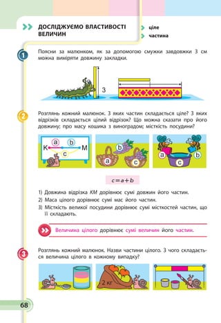 68
Досліджуємо властивості
величин
Поясни за малюнком, як за допомогою смужки завдовжки 3 см
можна виміряти довжину закладки.
Розглянь кожний малюнок. З яких частин складається ціле? З яких
відрізків складається цілий відрізок? Що можна сказати про його
довжину; про масу кошика з виноградом; місткість посудини?
c = a + b
1) Довжина відрізка KM дорівнює сумі довжин його частин.
2) Маса цілого дорівнює сумі мас його частин.
3) Місткість великої посудини дорівнює сумі місткостей частин, що
її складають.
Величина цілого дорівнює сумі величин його частин.
Розглянь кожний малюнок. Назви частини цілого. З чого складаєть­
ся величина цілого в кожному випадку?
1
2
3
	ціле
	частина
 