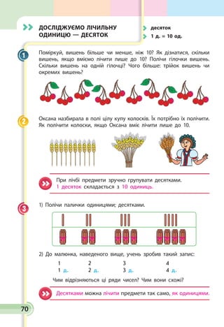70
Досліджуємо лічильну
одиницю — десяток
Поміркуй, вишень більше чи менше, ніж 10? Як дізнатися, скільки
вишень, якщо вміємо лічити лише до 10? Полічи гілочки вишень.
Скільки вишень на одній гілочці? Чого більше: трійок вишень чи
окремих вишень?
Оксана назбирала в полі цілу купу колосків. Їх потрібно їх полічити.
Як полічити колоски, якщо Оксана вміє лічити лише до 10.
При лічбі предмети зручно групувати десятками.
1 десяток складається з 10 одиниць.
1) Полічи палички одиницями; десятками.
2) До малюнка, наведеного вище, учень зробив такий запис:
	 1      	 2       	 3      	 4
	 1 д.  	 2 д.	 3 д.	 4 д.   
	 Чим відрізняються ці ряди чисел? Чим вони схожі?
Десятками можна лічити предмети так само, як одиницями.
1
2
3
	 десяток
	 1 д. = 10 од.
 
