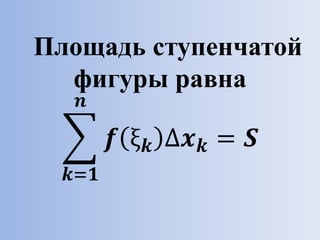 Площадь ступенчатой
фигуры равна
𝒌=𝟏
𝒏
𝒇 ξ 𝒌 ∆𝒙 𝒌 = 𝑺
 