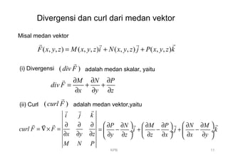 KPB 11
Divergensi dan curl dari medan vektor
Misal medan vektor
( , , ) ( , , ) ( , , ) ( , , )F x y z M x y z i N x y z j P x y z k= + +
rr r r
(i) Divergensi ( )div F
r
adalah medan skalar, yaitu
M N P
div F
x y z
∂ ∂ ∂
= + +
∂ ∂ ∂
r
(ii) Curl ( )curl F
r
adalah medan vektor,yaitu
i j k
curl F F
x y z
M N P
∂ ∂ ∂
= ∇× =
∂ ∂ ∂
rr r
r r r P N M P N M
i j k
y z z x x y
   ∂ ∂ ∂ ∂ ∂ ∂ 
= − + − + − ÷  ÷ ÷
∂ ∂ ∂ ∂ ∂ ∂    
rr r
 