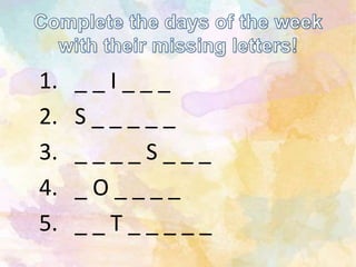 1. _ _ I _ _ _
2. S _ _ _ _ _
3. _ _ _ _ S _ _ _
4. _ O _ _ _ _
5. _ _ T _ _ _ _ _
 