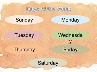 Sunday Monday
Tuesday Wednesda
y
Thursday Friday
Saturday
 